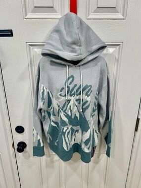 Knit Hoodie Sweater Gray Blue Floral Oversized Women’s Size M Cozy Pullover Ski